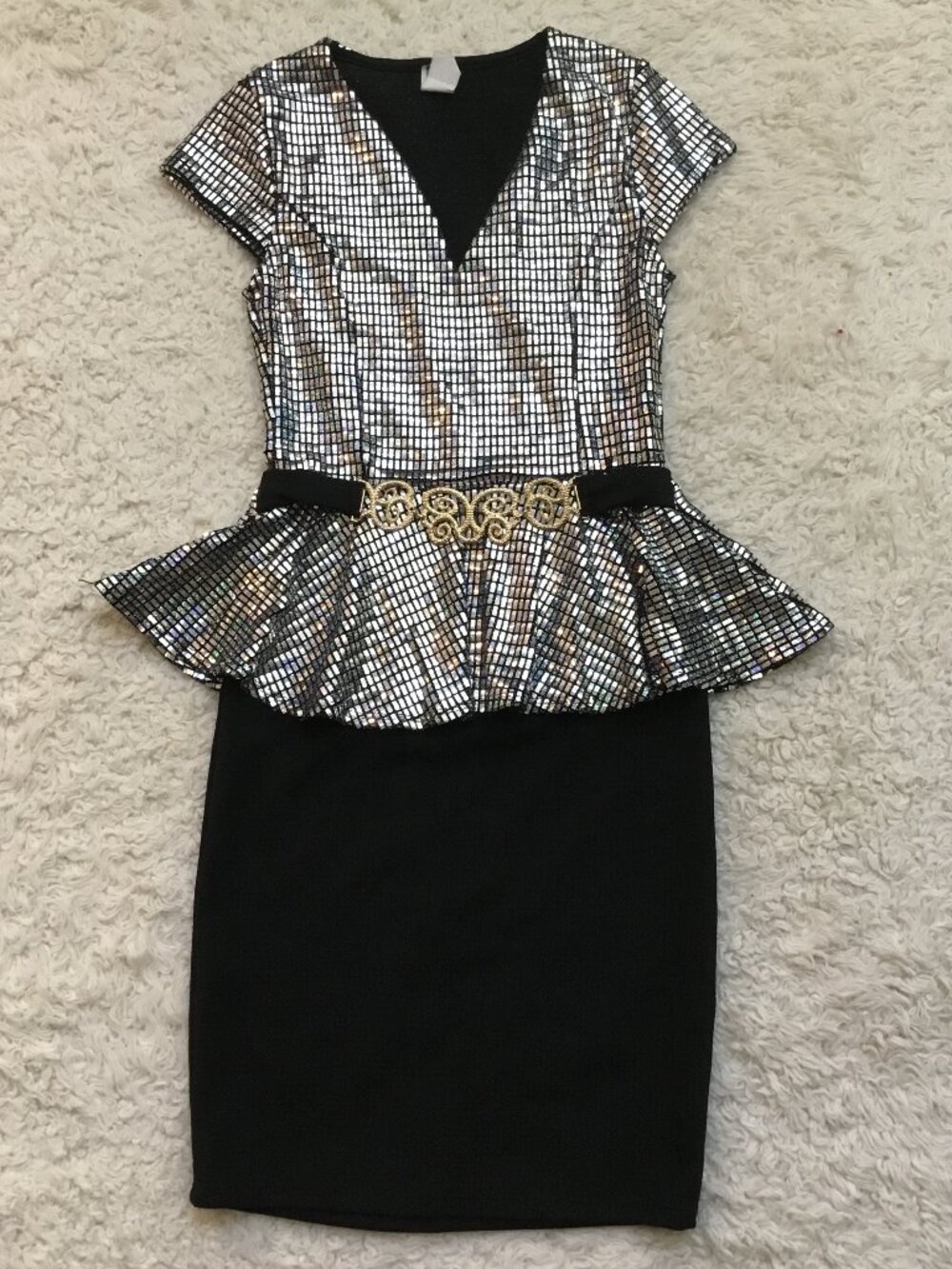Party Cocktail Sequined Short Dress Short Sleeve Peplum Flared Stretchy Blk S